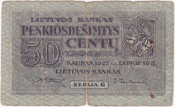 Banknotas. 50 centų. 1922 m. lapkričio 16 d. Lietuva