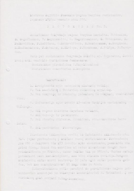 Lietuvos Sajūdžio Pasvalio rajono susirinkimo, įvykusio 1992 m. vasario 20 d., PROTOKOLAS Nr. 5