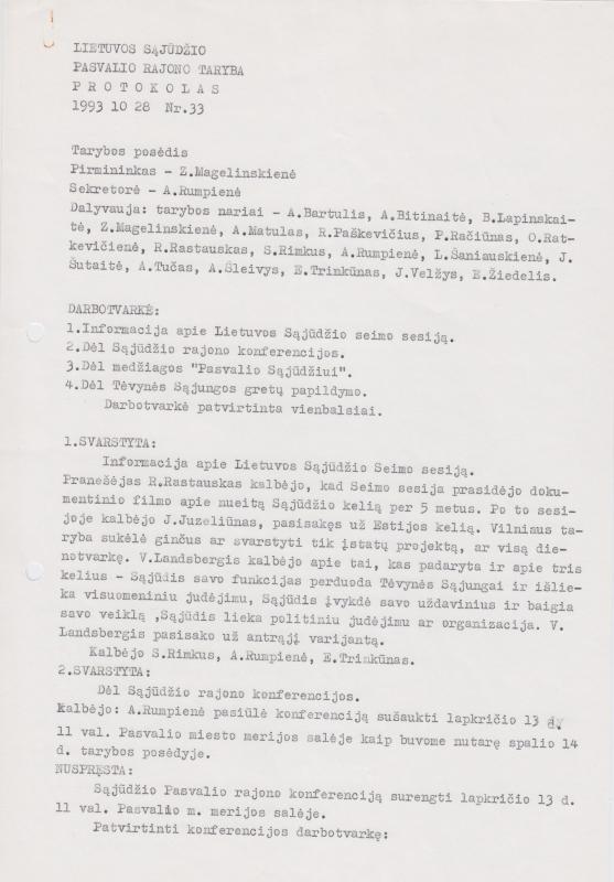 Lietuvos Sajūdžio Pasvalio rajono Tarybos 1993 m. spalio 28 d. posėdžio PROTOKOLAS Nr. 33