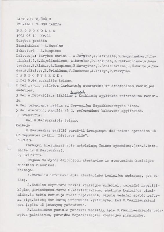 Lietuvos Sajūdžio Pasvalio rajono Tarybos 1992 m. gegužės 14 d. posėdžio PROTOKOLAS Nr. 11