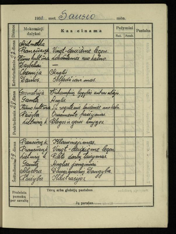 Pasvalio inž. P. Vileišio valstybinės gimnazijos I klasės mokinio Jono Mikelinsko dienynas. 1937–1938 m.