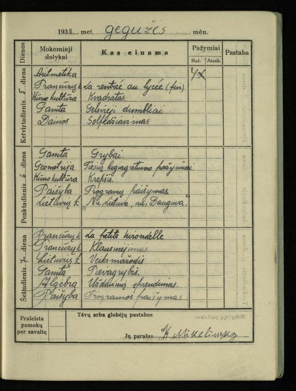 Pasvalio inž. P. Vileišio valstybinės gimnazijos I klasės mokinio Jono Mikelinsko dienynas. 1937–1938 m.