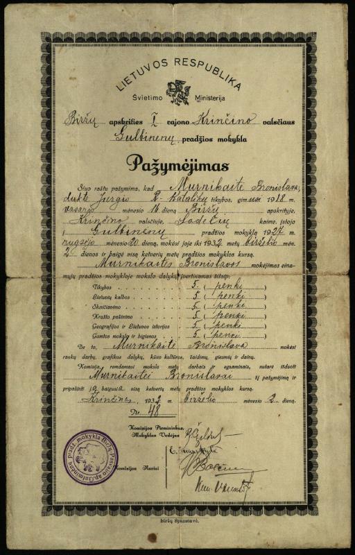 Biržų apskrities I rajono Krinčino valsčiaus Gulbinėnų pradžios mokyklos pažymėjimas, išduotas Bronislavai Murnikaitei, 1932 m.