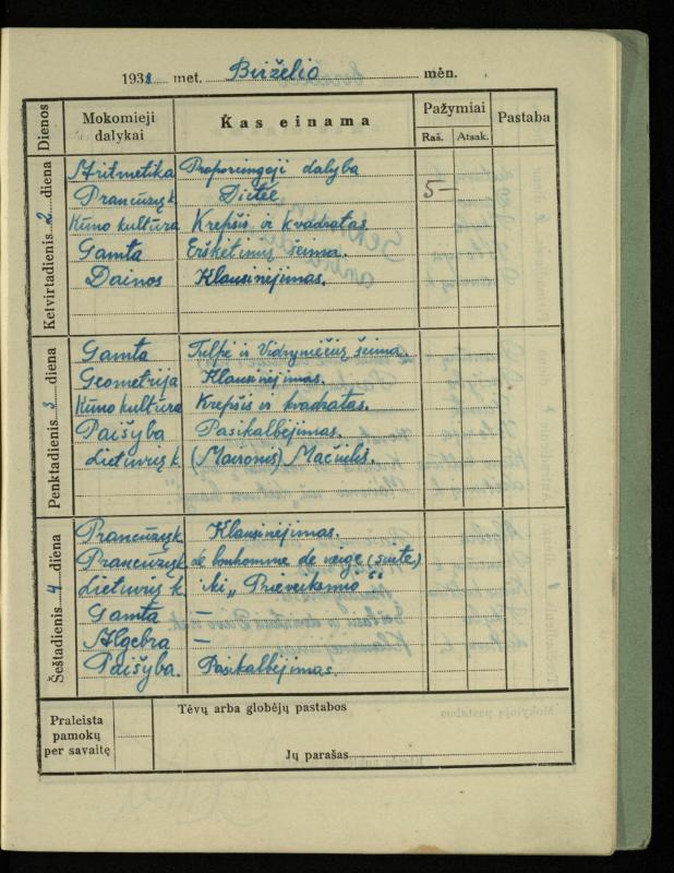 Pasvalio inž. P. Vileišio valstybinės gimnazijos I klasės mokinio Jono Mikelinsko dienynas. 1937–1938 m.