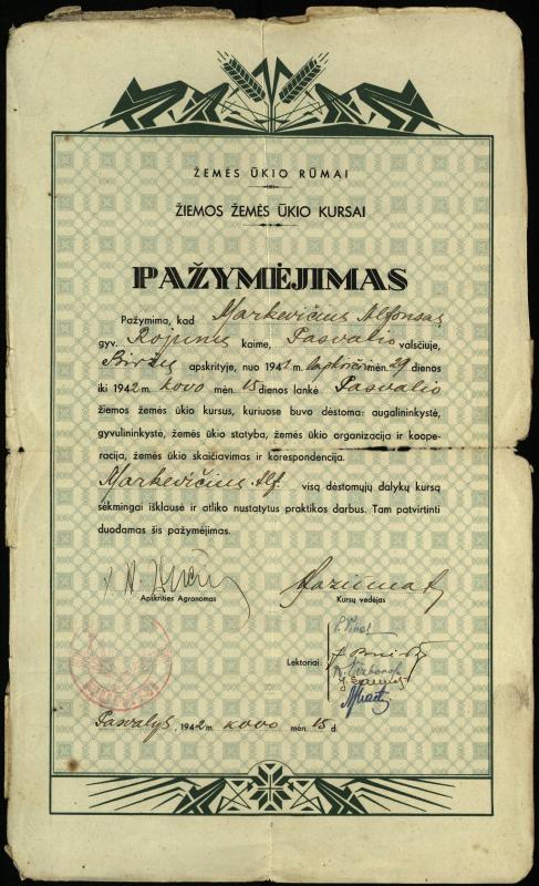 Alfonso Markevičiaus Pasvalio žiemos žemės ūkio kursų pažymėjimas, 1942 m. kovo 15 d.
