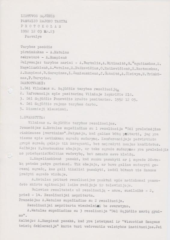Lietuvos Sajūdžio Pasvalio rajono Tarybos 1992 m. gruodžio 3 d. posėdžio PROTOKOLAS Nr. 23