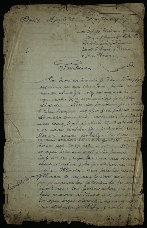 Biržų apskrities Krinčino valsčiaus Berčiūnų kaimo gyventojų pareiškimas Biržų apskrities žemės tvarkytojui, 1929 m.