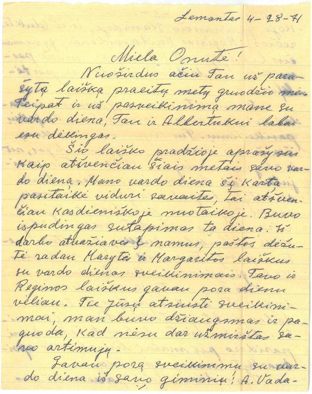 Kazio Balčiūno laiškas žmonai Onai Balčiūnienei. 1971 m. balandžio 28 d.