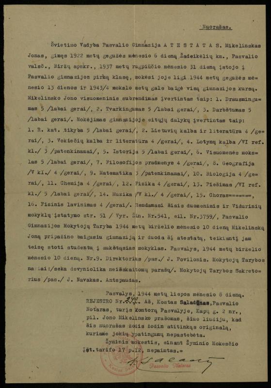 Pasvalio gimnazijos atestato nuorašas, išduotas Jonui Mikelinskui. Pasvalys, 1944 m. liepos 8 d.