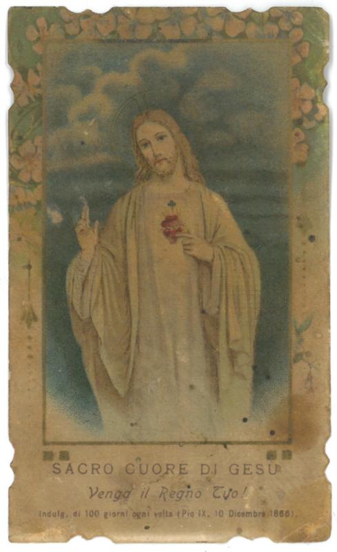 Religinis paveikslėlis. „Sacro Cuore di Gesù. Venga il Regno Tuo!“ Kitoje paveikslėlio pusėje – malda
