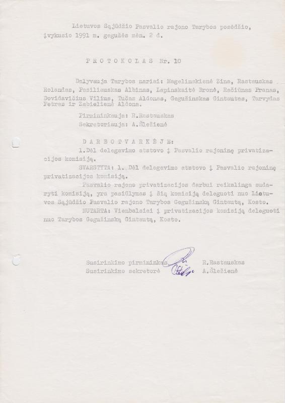 Lietuvos Sajūdžio Pasvalio rajono Tarybos posėdžio, įvykusio 1991 m. gegužės 2 d., PROTOKOLAS Nr. 10