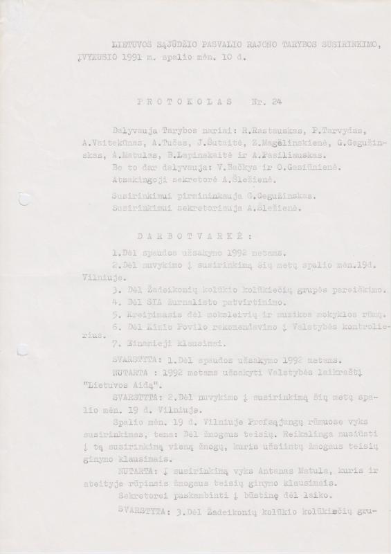 Lietuvos Sajūdžio Pasvalio rajono Tarybos susirinkimo, įvykusio 1991 m. spalio 10 d., PROTOKOLAS Nr. 24