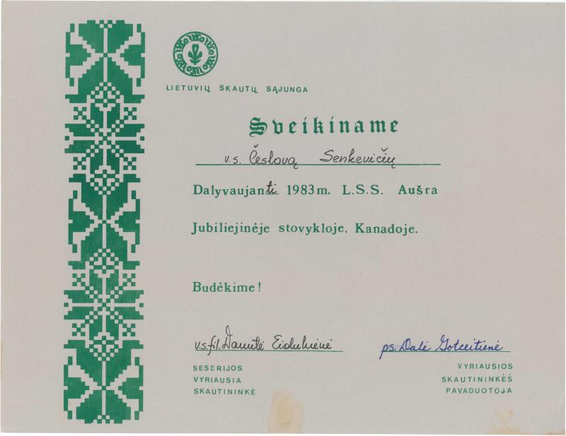 Lietuvių skautų sąjungos sveikinimas Česlovui Senkevičiui, dalyvaujančiam 1983 m. L. S. S. jubiliejinėje stovykloje „Aušra“, Kanadoje