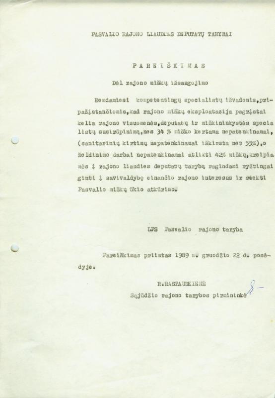 LPS Pasvalio rajono tarybos pareiškimas dėl rajono miškų išsaugojimo