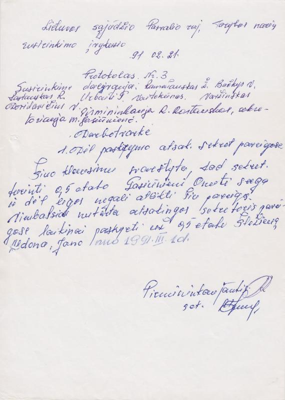 Lietuvos Sajūdžio Pasvalio rajono Tarybos narių susirinkimo, įvykusio 1991.02.21, Protokolas Nr. 3