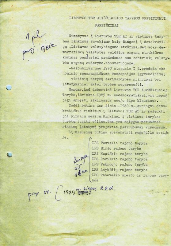 1989 m. liepos 22 d. Pareiškimas Lietuvos TSR Aukščiausiosios Tarybos Prezidiumui. Lietuvos Persitvarkymo Sąjūdžio Pasvalio, Biržų, Kupiškio, Rokiškio, Pakruojo, Anykščių, Panevėžio miesto ir Tarybų raginimas surengti 1989 metais demokratiškus rinkimus į