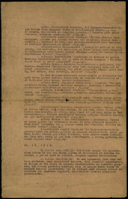 Panevėžio Vyskupijos Tribunolo sprendimas Genovaitės-Barboros Atkočiūnaitės-Kazilevičienės, gyv. Puodžių k., Skrebotiškio parapijoje, ir Juozapo Kazilevičiaus santuokos netikrumo byloje, 1947 m. birželio 18 d.