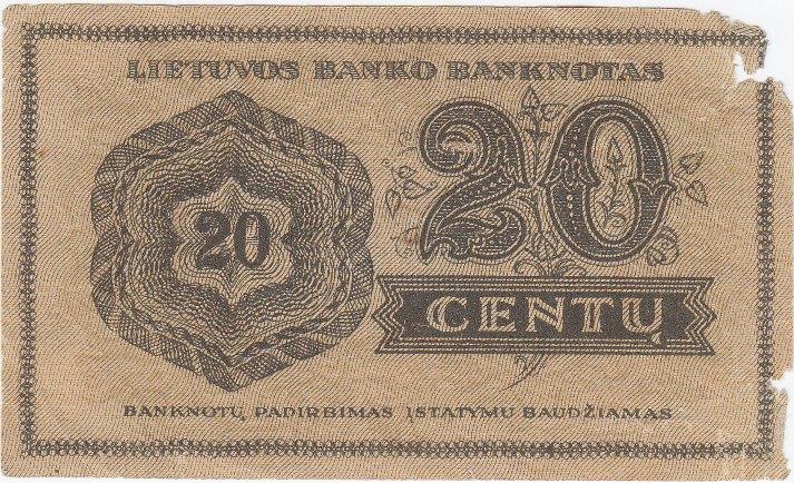 Banknotas. 20 centų. 1922 m. lapkričio 16 d. Lietuva