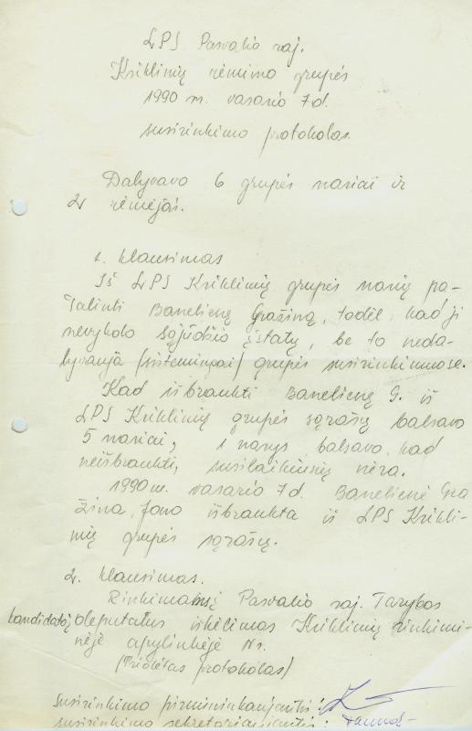 LPS Pasvalio rajono Kriklinių rėmimo grupės 1990 m. vasario 7 d. susirinkimo protokolas