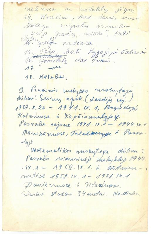 Elizabetos Avižonytės-Vaitkienės ranka rašytas tekstas, kuriame ji išvardija savo darbovietes