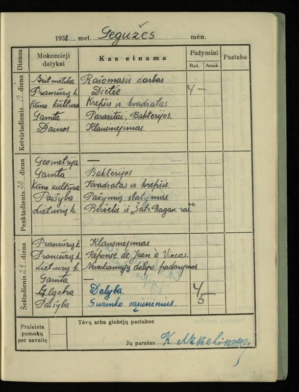 Pasvalio inž. P. Vileišio valstybinės gimnazijos I klasės mokinio Jono Mikelinsko dienynas. 1937–1938 m.