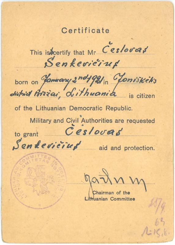Lietuvos komiteto Getingene sertifikatas, išduotas Česlovui Senkevičiui. 1945 m. liepos 28 d.