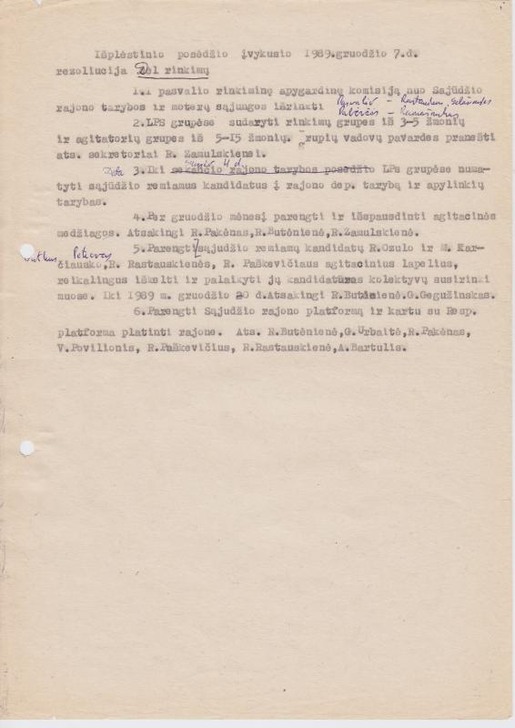 Išplėstinio posėdžio, įvykusio 1989 m. gruodžio 7 d., rezoliucija dėl rinkimų