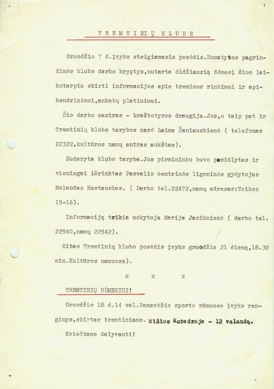 Informacija apie 1988 m. gruodžio 7 d. įvykusį Pasvalio tremtinių klubo steigiamąjį posėdį