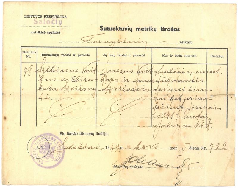 Albino Vaitkaus ir Elizabetos Avižonytės sutuoktuvių metrikų išrašas. Saločiai, 1942 m.