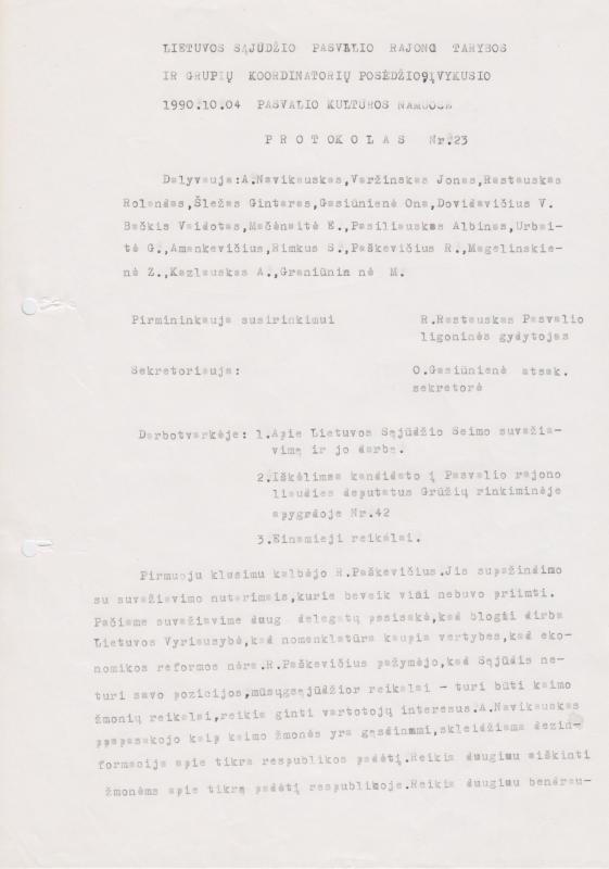 Lietuvos Sąjūdžio Pasvalio rajono tarybos ir grupių koordinatorių posėdžio, įvykusio 1990.10.04 Pasvalio kultūros namuose, PROTOKOLAS Nr. 23