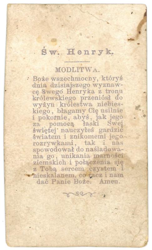 Religinis paveikslėlis. „Sw. Henryk“. Kitoje paveikslėlio pusėje – malda