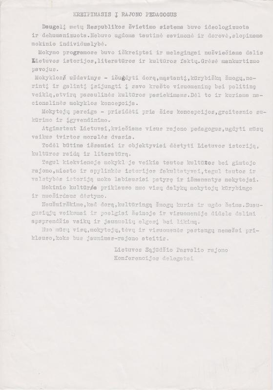 Kreipimasis į rajono pedagogus