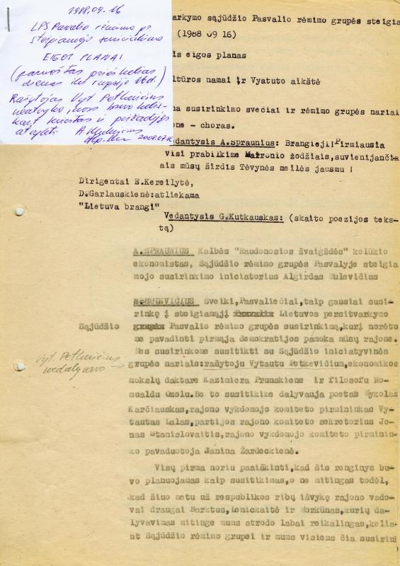 Lietuvos Persitvarkymo Sąjūdžio Pasvalio rėmimo grupės steigiamojo susirinkimo sąlyginis eigos planas