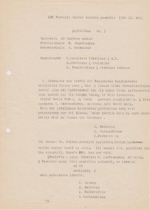 LPS Pasvalio rajono tarybos 1989.12.29 posėdžio PROTOKOLAS Nr. 5