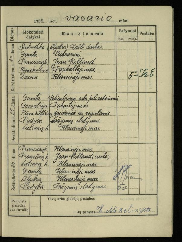 Pasvalio inž. P. Vileišio valstybinės gimnazijos I klasės mokinio Jono Mikelinsko dienynas. 1937–1938 m.