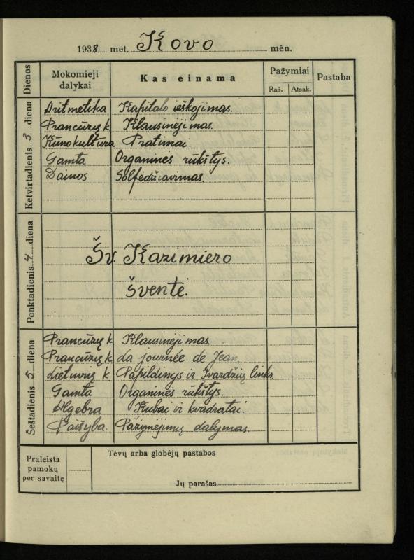 Pasvalio inž. P. Vileišio valstybinės gimnazijos I klasės mokinio Jono Mikelinsko dienynas. 1937–1938 m.