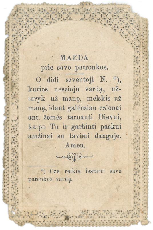Religinis paveikslėlis. „Szv. Piliomena“. Kitoje paveikslėlio pusėje: malda prie savo patronkos. „O didi szventoji N. *)...“