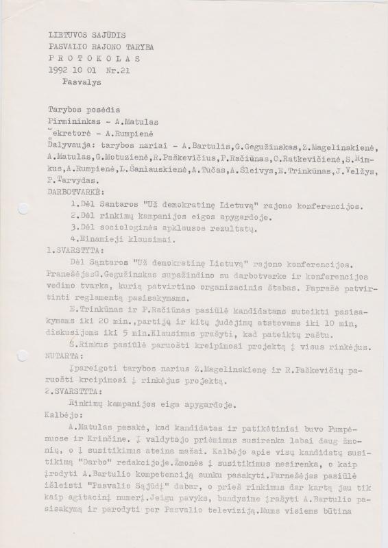Lietuvos Sajūdžio Pasvalio rajono Tarybos 1992 m. spalio 1 d. posėdžio PROTOKOLAS Nr. 21