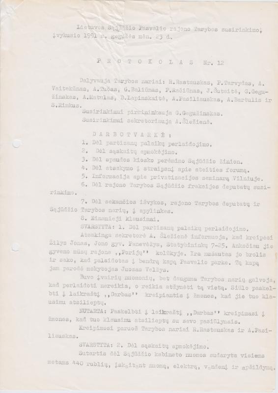 Lietuvos Sajūdžio Pasvalio rajono Tarybos susirinkimo, įvykusio 1991 m. gegužės 23 d., PROTOKOLAS Nr. 12