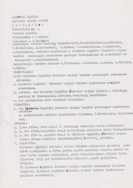 Lietuvos Sajūdžio Pasvalio rajono Tarybos posėdžio 1994 m. kovo 3 d. PROTOKOLAS Nr. 2