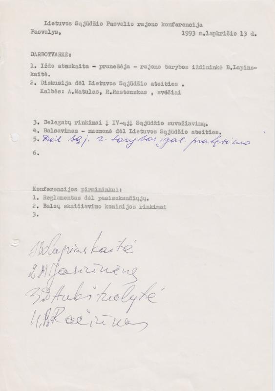 Lietuvos Sajūdžio Pasvalio rajono Tarybos konferencijos, įvykusios 1993 m. lapkričio 13 d. darbotvarkė