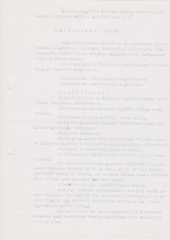 Lietuvos Sajūdžio Pasvalio rajono Tarybos susirinkimo, įvykusio 1991 m. gruodžio 5 d., PROTOKOLAS Nr. 28