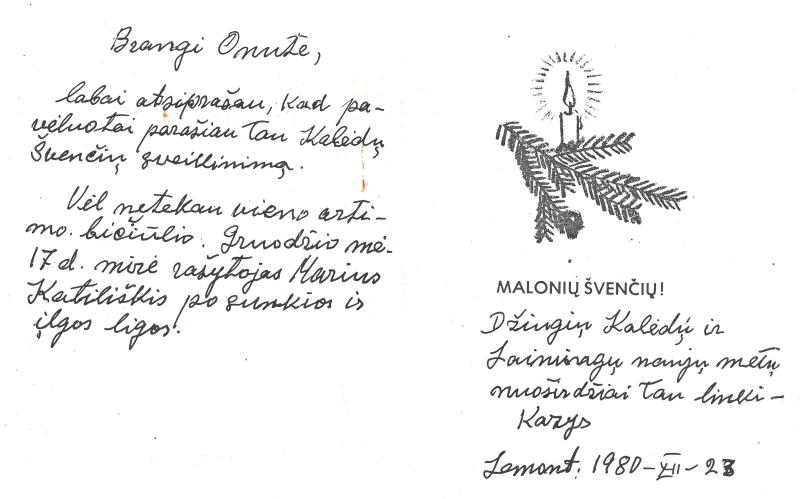 Kazio Balčiūno kalėdinis sveikinimas (kopija) žmonai Onai Balčiūnienei. 1980 m. gruodžio 23 d.