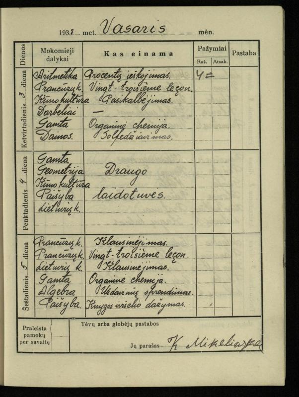 Pasvalio inž. P. Vileišio valstybinės gimnazijos I klasės mokinio Jono Mikelinsko dienynas. 1937–1938 m.