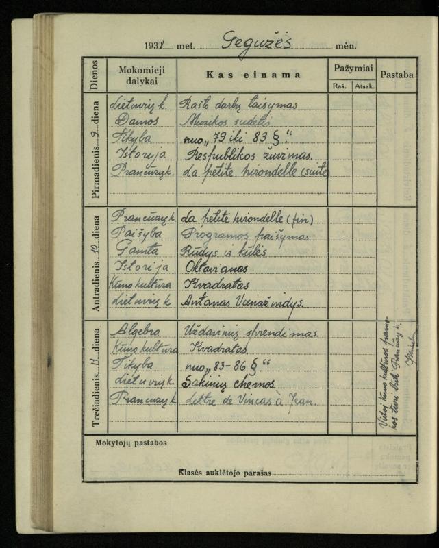 Pasvalio inž. P. Vileišio valstybinės gimnazijos I klasės mokinio Jono Mikelinsko dienynas. 1937–1938 m.