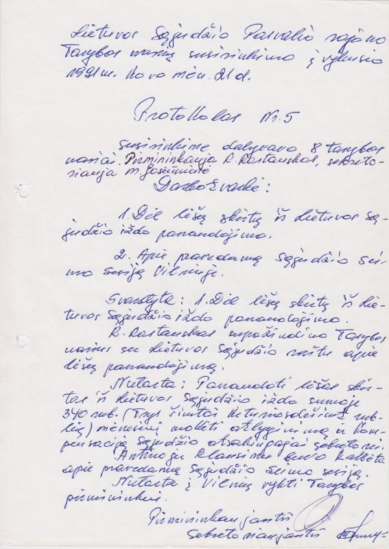 Lietuvos Sąjūdžio Pasvalio rajono Tarybos narių susirinkimo, įvykusio 1991 m. kovo 21 d., PROTOKOLAS Nr. 5