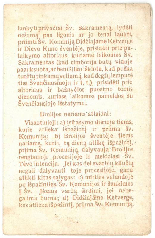 Religinis paveikslėlis-kortelė.  Priekinėje pusėje – augaliniais motyvais įrėmintas Jėzaus ir apaštalų atvaizdas, maldos tekstas