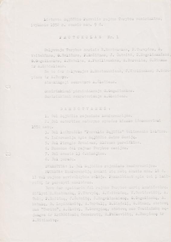 Lietuvos Sajūdžio Pasvalio rajono Tarybos susirinkimo, įvykusio 1992 m. sausio 9 d., PROTOKOLAS Nr. 1