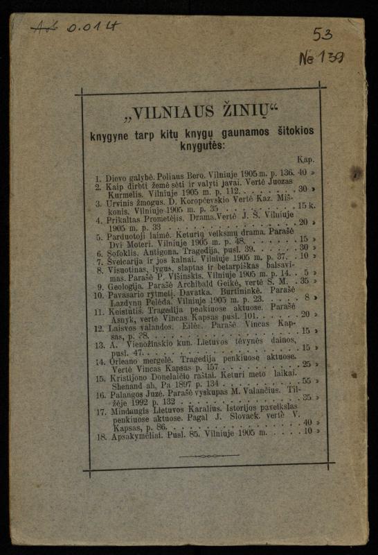 Populiariškas rankvedis fyzikos / parašė P. Neris. – Vilnius: „Vilniaus žinių“ [išleid. ir] sp., 1905. – 100 p.