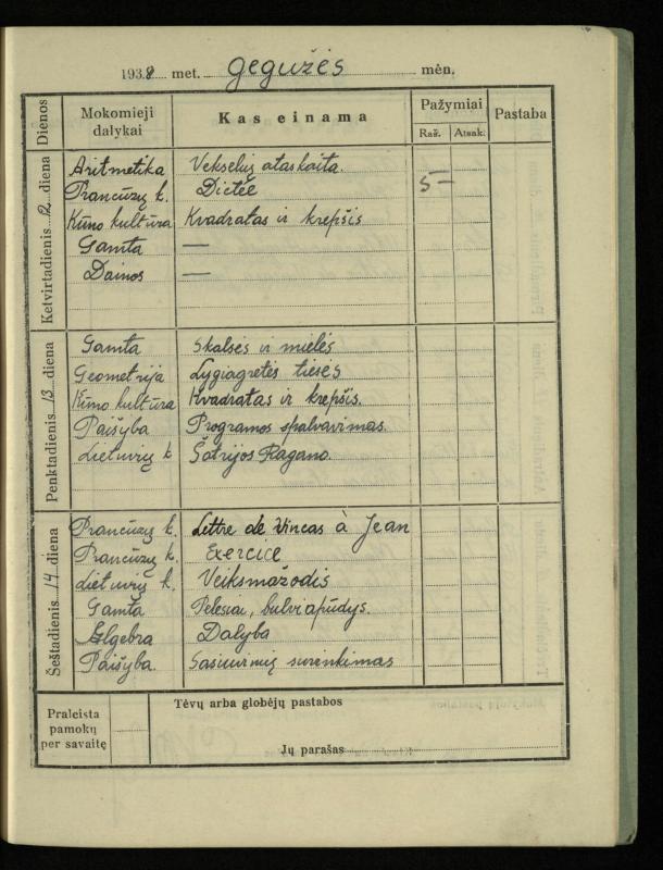 Pasvalio inž. P. Vileišio valstybinės gimnazijos I klasės mokinio Jono Mikelinsko dienynas. 1937–1938 m.